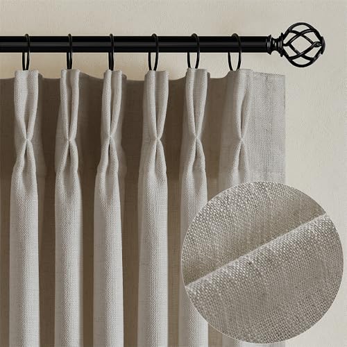 TWODRAPES ستائر كتان من الكتان مع طيات ضاغطة بطول 84 بوصة 2 لوحات لغرفة المعيشة وغرفة النوم بلون خشب البيرش شبه شفاف ريفي مزرعة مع حلقات وأزرار طيات ضاغطة بطول 84 بوصة بلون توب - Image 1