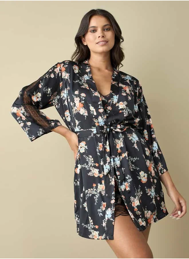 فاف All-Over Floral Print Robe with Tie-Up Belt and Slip Dress