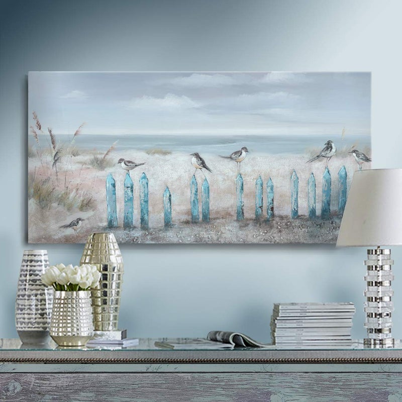 amatop Ocean Beach Wall Art 3D Framed Hand-Painted Seascape Oil Painting Perching Bird Canvas Artwork 'The Tranquility by The Sea Shore' for Living Room Bedroom Decor Coastal Blue - Image 1