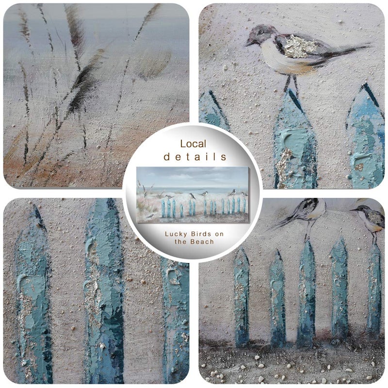 amatop Ocean Beach Wall Art 3D Framed Hand-Painted Seascape Oil Painting Perching Bird Canvas Artwork 'The Tranquility by The Sea Shore' for Living Room Bedroom Decor Coastal Blue - Image 4