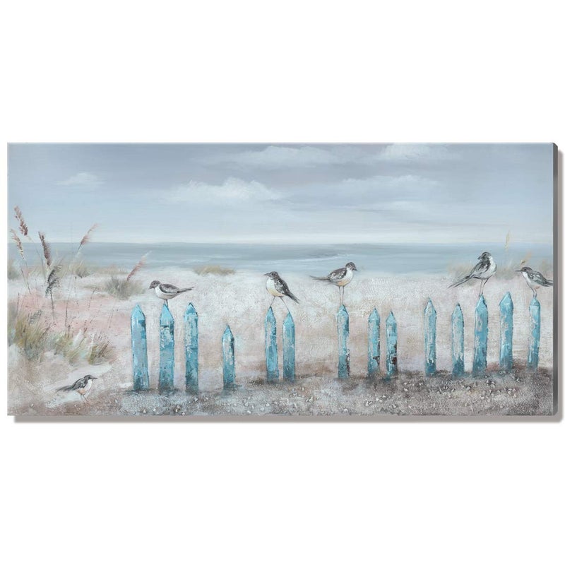 amatop Ocean Beach Wall Art 3D Framed Hand-Painted Seascape Oil Painting Perching Bird Canvas Artwork 'The Tranquility by The Sea Shore' for Living Room Bedroom Decor Coastal Blue - Image 2