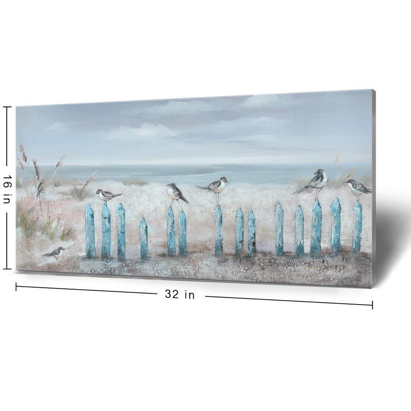 amatop Ocean Beach Wall Art 3D Framed Hand-Painted Seascape Oil Painting Perching Bird Canvas Artwork 'The Tranquility by The Sea Shore' for Living Room Bedroom Decor Coastal Blue - Image 3