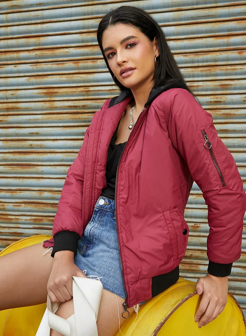 Campus Sutra Women's Cherry Red Zip-Front Jacket With Contrast Hem For Casual Wear | Hooded Neck  | Long Sleeve | Zipper Closure | Jacket Crafted With Comfort Fit For Everyday Wear