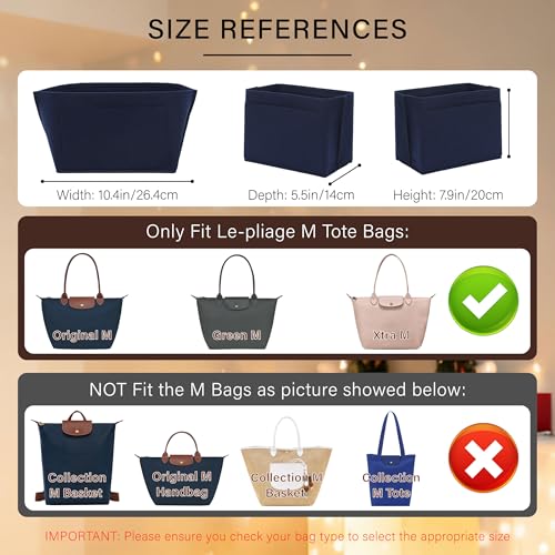 OAikor Lighweight Purse Organizer Insert for Longchamp Le Pliage M Tote Bag, Premium Felt Long Champ Medium Tote Divider with Cup Holder,Bags Storage Shaper with 8 Deepened Pockets,M/Navy-blue - Image 2