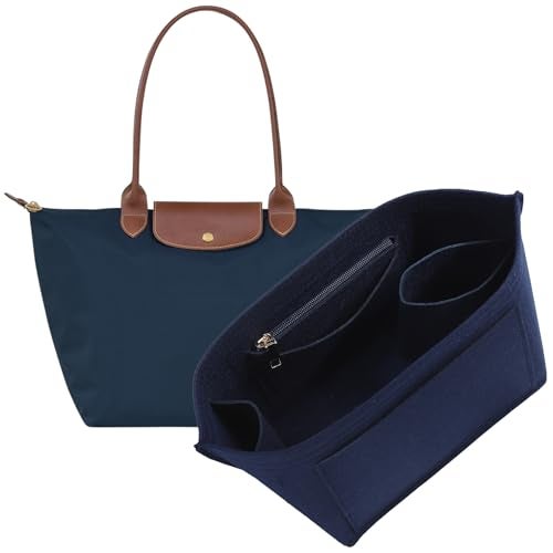 OAikor Lighweight Purse Organizer Insert for Longchamp Le Pliage M Tote Bag, Premium Felt Long Champ Medium Tote Divider with Cup Holder,Bags Storage Shaper with 8 Deepened Pockets,M/Navy-blue - Image 1