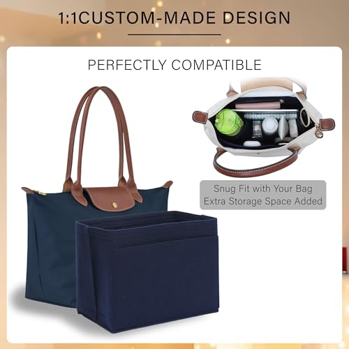 OAikor Lighweight Purse Organizer Insert for Longchamp Le Pliage M Tote Bag, Premium Felt Long Champ Medium Tote Divider with Cup Holder,Bags Storage Shaper with 8 Deepened Pockets,M/Navy-blue - Image 5