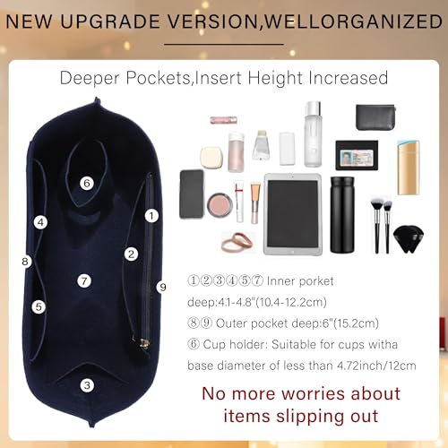 OAikor Lighweight Purse Organizer Insert for Longchamp Le Pliage M Tote Bag, Premium Felt Long Champ Medium Tote Divider with Cup Holder,Bags Storage Shaper with 8 Deepened Pockets,M/Navy-blue - Image 3