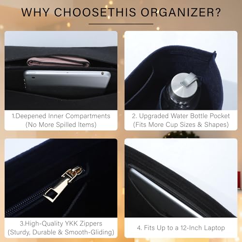 OAikor Lighweight Purse Organizer Insert for Longchamp Le Pliage M Tote Bag, Premium Felt Long Champ Medium Tote Divider with Cup Holder,Bags Storage Shaper with 8 Deepened Pockets,M/Navy-blue - Image 4