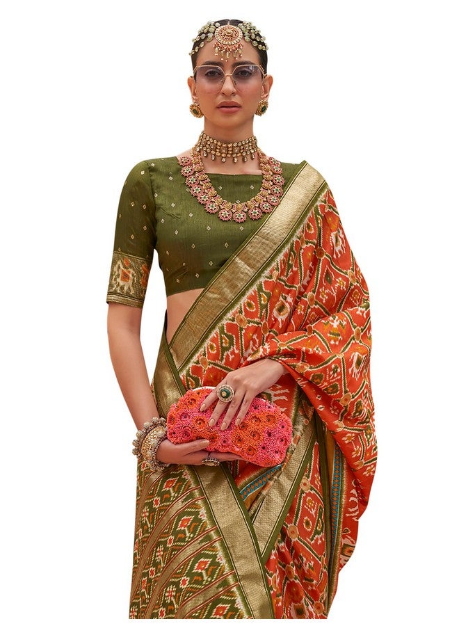 saree mall ساري مول ساري حرير باتولا إكات للنساء مع قطعة بلوزة غير مخيطة (برتقالي_SHAHIP609_RW) - Image 1