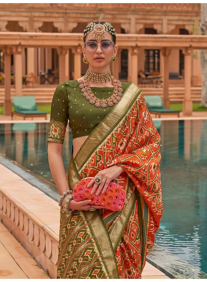 saree mall ساري مول ساري حرير باتولا إكات للنساء مع قطعة بلوزة غير مخيطة (برتقالي_SHAHIP609_RW) - Image 4