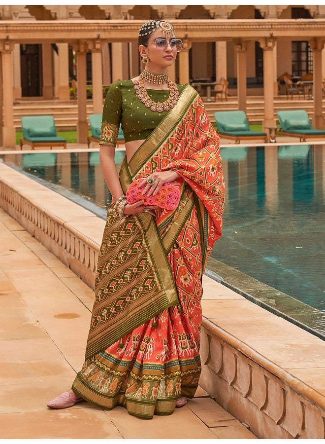 saree mall ساري مول ساري حرير باتولا إكات للنساء مع قطعة بلوزة غير مخيطة (برتقالي_SHAHIP609_RW) - Image 2