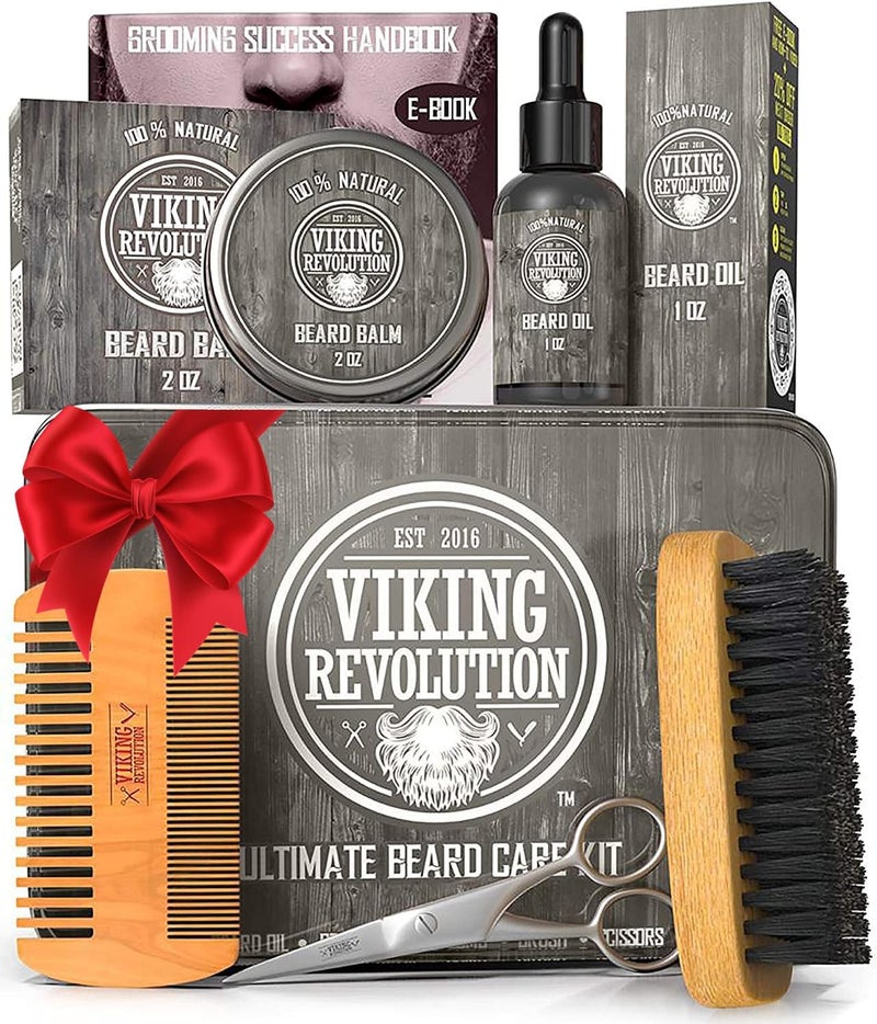 Viking Revolution Beard Care Kit for Men  Kit includes 100 Boar Beard Brush Wooden Comb Beard Balm Beard Oil Beard  Mustache Scissors in a Metal Box