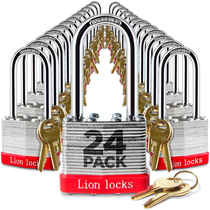 Lion Locks 24 Keyed Alike Padlocks with 2" Long Shackle, 48 Keys - Padlocks for Outdoor Use, Locks with Keys, Hardened Steel Case, Pick Resistant Brass Pin Cylinder for Hasp Latch, Locker, Gate - Image 1