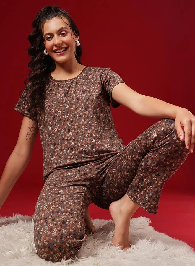 Clovia Floral Print Top and Pyjama Set