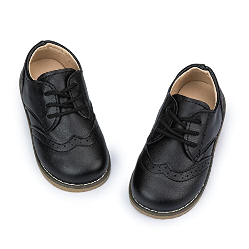 Meckior Toddler Boys Girls Black Dress Shoes Little Kid Oxford Shoes Wedding Church Dress Shoes PU Leather Lace Up School Uniform Loafer Flats - Image 1