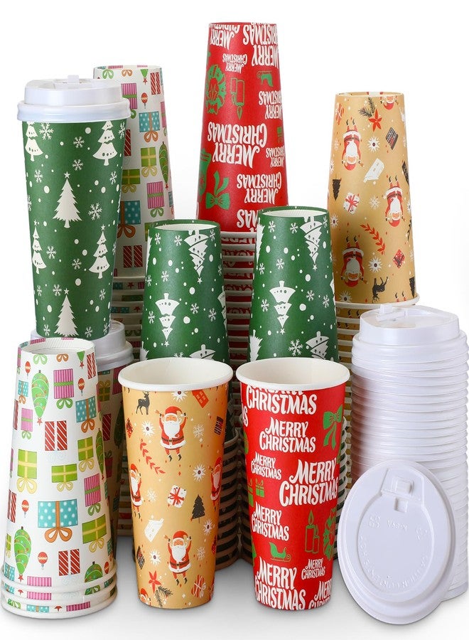 Zhehao 100 Pcs Christmas Disposable Coffee Cups with Lids 16 Oz Holiday Disposable Paper Snowman Santa Cups Xmas Party Cups for Hot Cocoa Chocolate Tea - Image 1