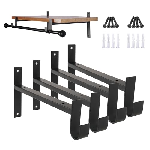 AddGrace Closet Rod Bracket Heavy Duty Shelf Brackets 6 Inch Black Wall Mounted Closet Rod Support with Pole Holder Industrial Iron Shelving Supports with Hook 4 Pack - Image 1