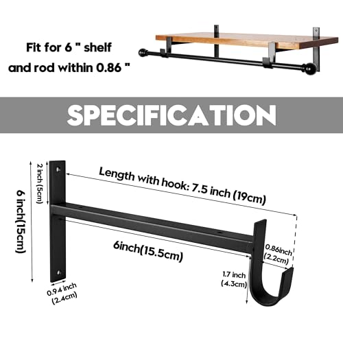 AddGrace Closet Rod Bracket Heavy Duty Shelf Brackets 6 Inch Black Wall Mounted Closet Rod Support with Pole Holder Industrial Iron Shelving Supports with Hook 4 Pack - Image 3