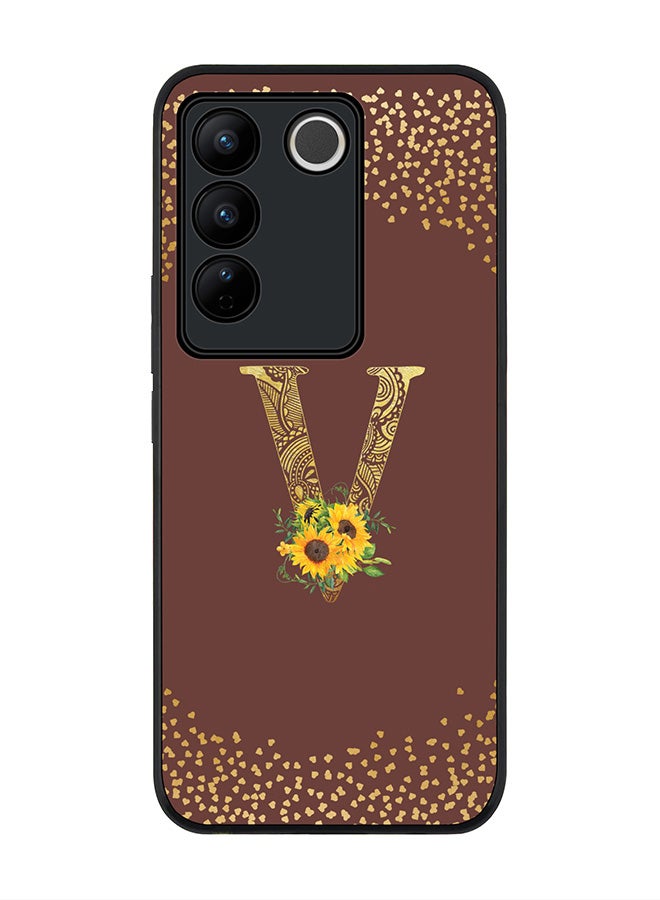 Stylizedd Case for Vivo V27 / Vivo V27 Pro / Vivo S16, Slim fit Flexible Cover Custom Monogram Initial Letter Floral Mandala Pattern Alphabet - V (Brown) - Image 1