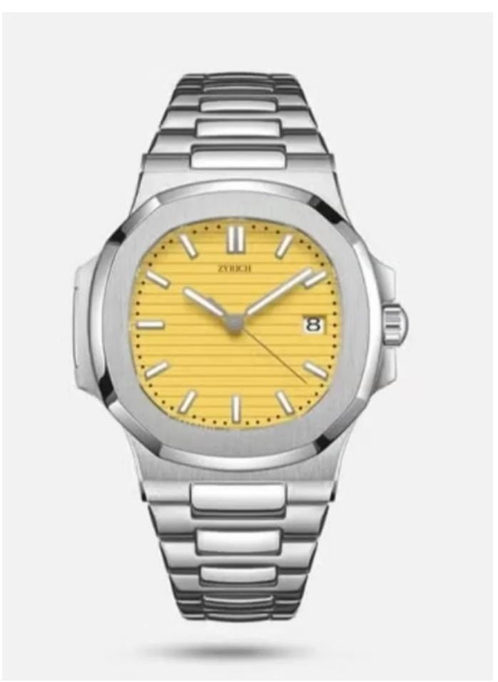 زايريتش High quality waterproof men's wrist watch from Zyrich, silver bracelet with Yellow dial 