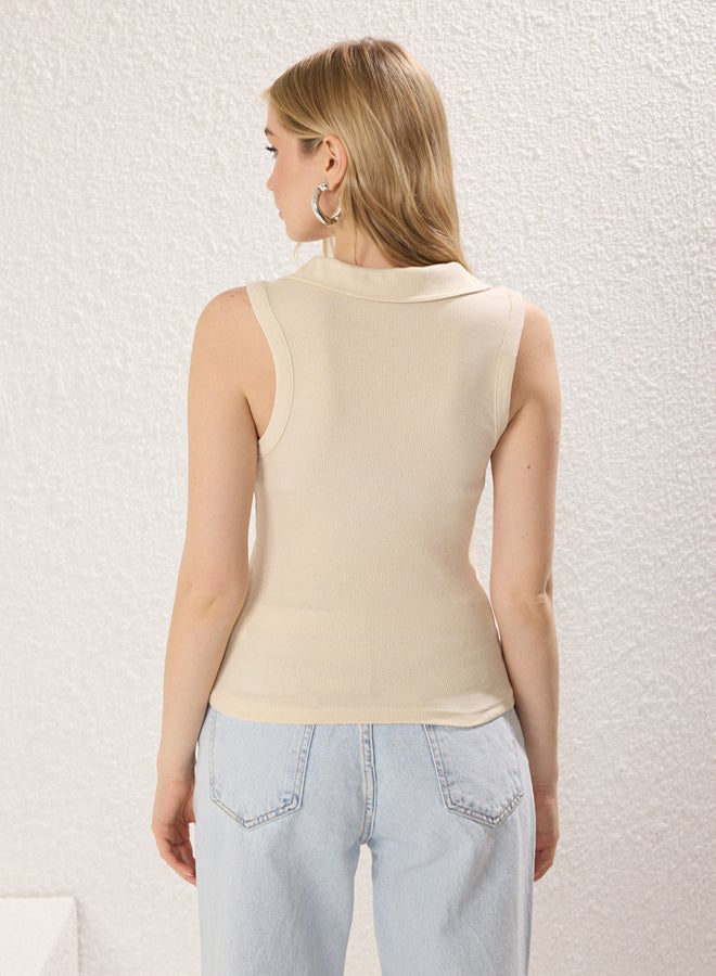 trendyol Stone Polo Collar Ribbed Fitted/Fits Body Flexible Knitted Blouse - Image 4
