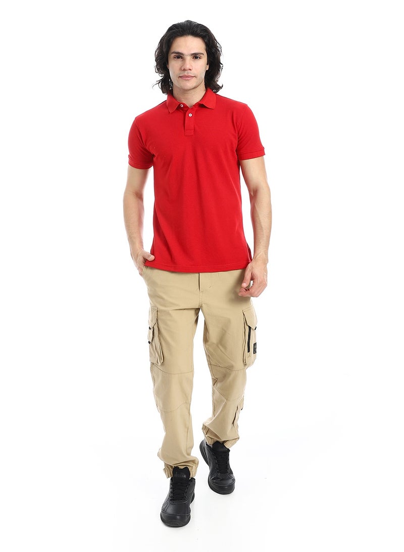 Andora Pique Pattern Short Sleeves Red Polo Shirt_Red  - Image 5