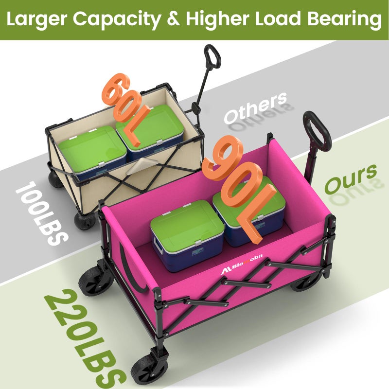 Blomoba Collapsible Wagon with Wheels, 220 lbs Wagons Carts Foldable Wagon Cart with Flexible Handle, Lightweight Portable Folding Utility Grocery Shopping Cart for Grocery Sports Garden Camping, Pink - Image 2