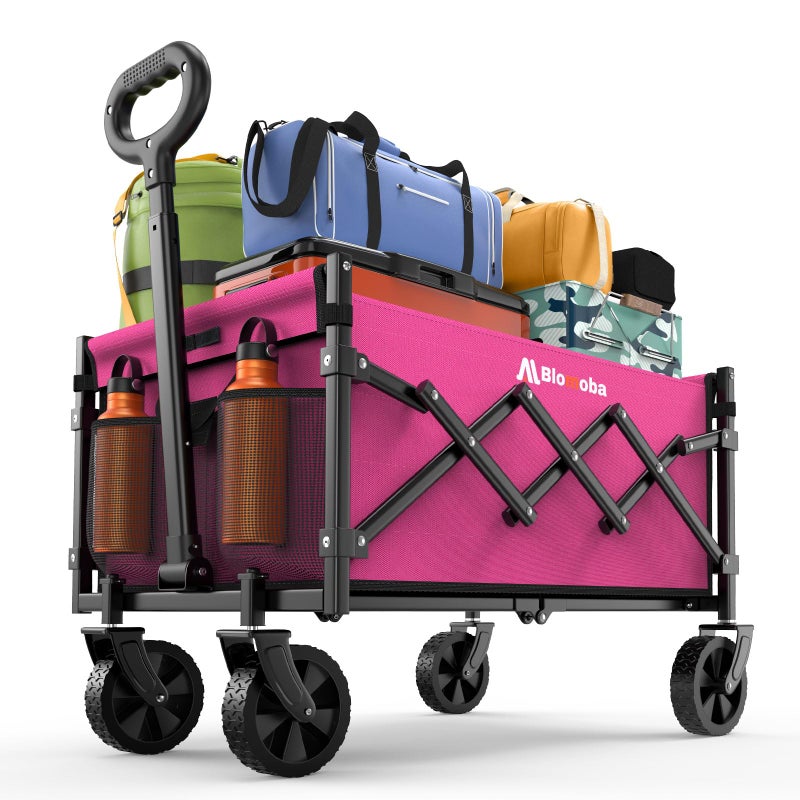 Blomoba Collapsible Wagon with Wheels, 220 lbs Wagons Carts Foldable Wagon Cart with Flexible Handle, Lightweight Portable Folding Utility Grocery Shopping Cart for Grocery Sports Garden Camping, Pink - Image 1