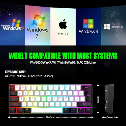 7KEYS لوحة مفاتيح ألعاب ميني سلكية 60% من 7KEYS، إضاءة RGB بأكثر من 14 وضع، 25 مفتاح مضاد للتداخل مع إحساس ميكانيكي، محمولة وصغيرة للغاية 61 مفتاح باللونين الأسود والأبيض لمكتب الكمبيوتر/PC/MAC/لابتوب - Image 4