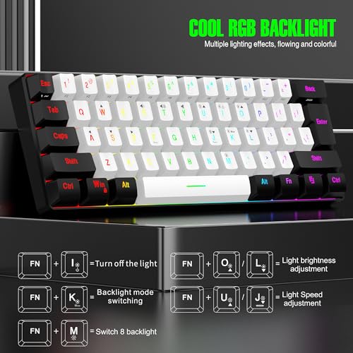 7KEYS لوحة مفاتيح ألعاب ميني سلكية 60% من 7KEYS، إضاءة RGB بأكثر من 14 وضع، 25 مفتاح مضاد للتداخل مع إحساس ميكانيكي، محمولة وصغيرة للغاية 61 مفتاح باللونين الأسود والأبيض لمكتب الكمبيوتر/PC/MAC/لابتوب - Image 2