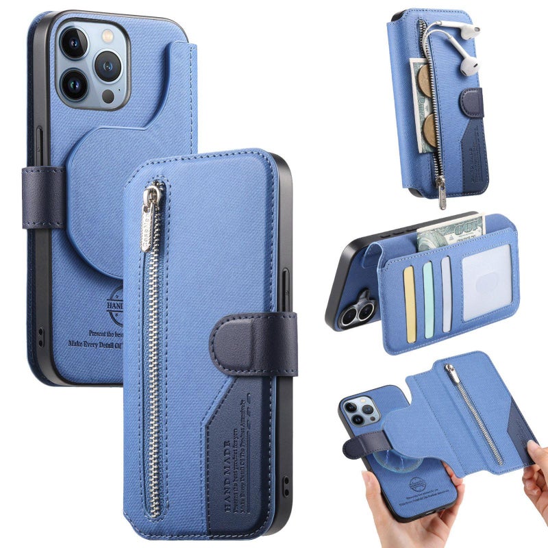 erorex For iPhone 13 Pro Max Twill Fabric MagSafe RFID Anti-theft Zipper Wallet Leather Phone Case(Dark Blue) - Image 1