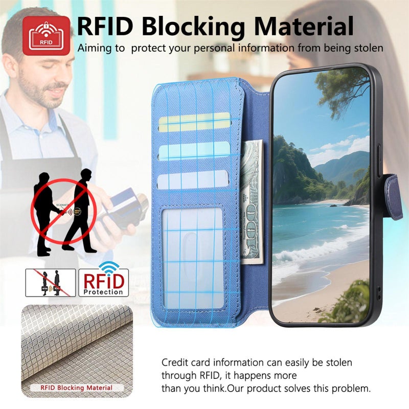 erorex For iPhone 13 Pro Max Twill Fabric MagSafe RFID Anti-theft Zipper Wallet Leather Phone Case(Dark Blue) - Image 5