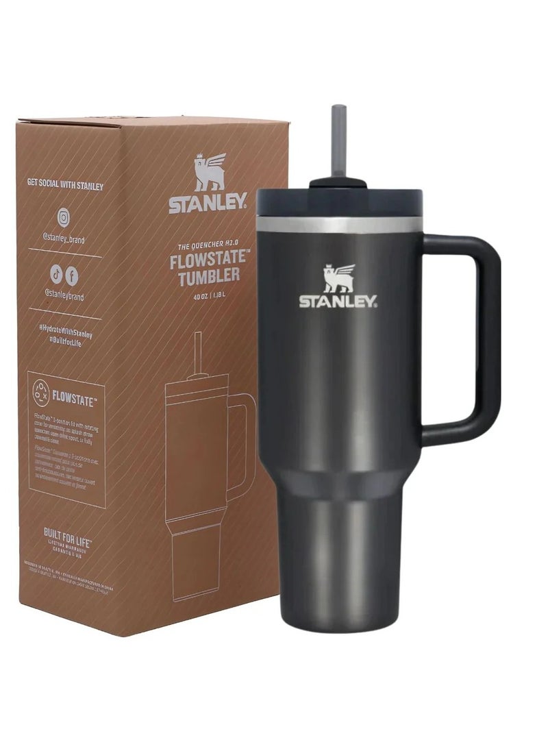 Quencher H2.0 FlowState Vacuum Insulated Tumbler 40oz Black Stainless Steel Travel Mug with Leakproof Lid & Reusable Straw, Double-Walled Design, Keeps Drinks Hot for 7 Hours & Cold for 24 Hours, Durable & Portable, Ideal for On-the-Go Hydration