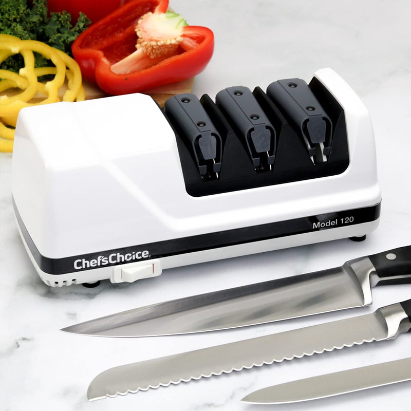 ChefsChoice Chef'sChoice Hone EdgeSelect Professional Electric Knife Sharpener for 20-Degree Edges Diamond Abrasives Precision Guides for, Straight and Serrated Knives Made in USA, 3-Stage, White  - Image 4