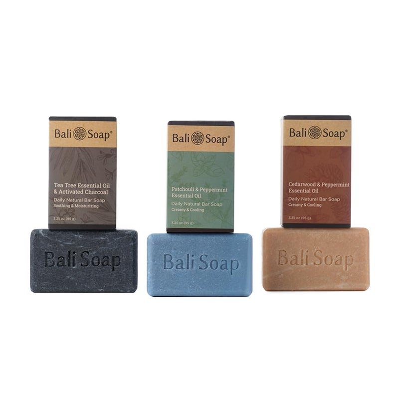 Bali Soap - Earthy Botanical Natural Soap Bar with Premium Essential Oil - Handmade, Vegan, Soap for Body and Face, Plant Based Cold Process 3pc Variety Soap Pack, 3.5oz Bars