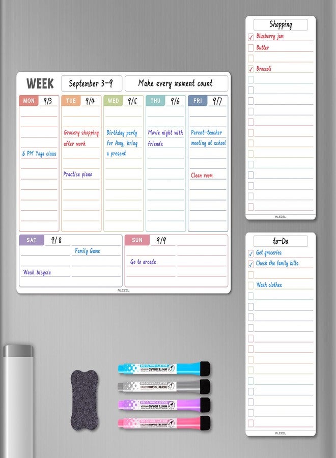 ALEZEL Magnetic Weekly Calendar Whiteboard for Fridge, Refrigerator Dry Erase Weekly White Board, Includes Magnetic Weekly Planner for Fridge with 2 List Boards, 4 Markers + Eraser - Image 1