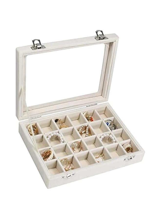 عربست صندوق مجوهرات من الفولفيت بـ 24 شبكة عرض مجوهرات حلقة مرتبة حامل صينية تخزين أقراط للفتيات الزوجة الأم النساء (اللون البيج) - Image 1