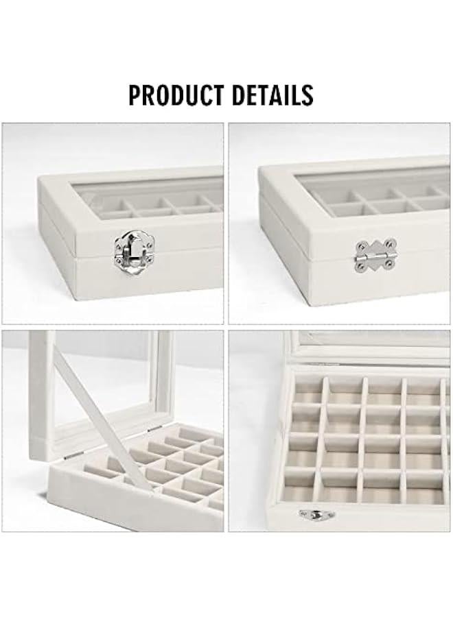 عربست صندوق مجوهرات من الفولفيت بـ 24 شبكة عرض مجوهرات حلقة مرتبة حامل صينية تخزين أقراط للفتيات الزوجة الأم النساء (اللون البيج) - Image 4