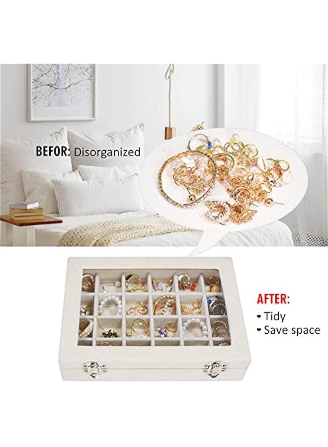 عربست صندوق مجوهرات من الفولفيت بـ 24 شبكة عرض مجوهرات حلقة مرتبة حامل صينية تخزين أقراط للفتيات الزوجة الأم النساء (اللون البيج) - Image 5