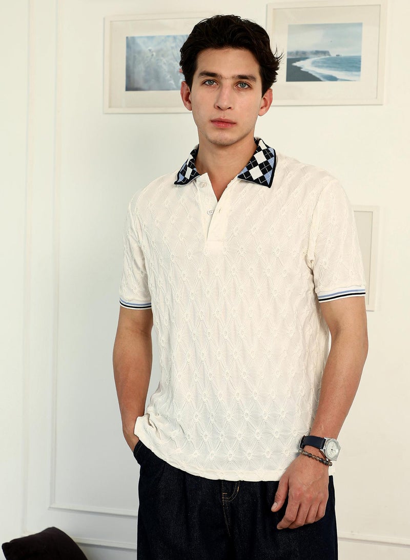 Campus Sutra Campus Sutra Men's Chalk White:Onyx Black Block Argyle-Knit Polo T-Shirt | Textured Knit Design with Argyle Collar | Regular Fit & Breathable Cotton Blend Fabric | Casual & Street Wear Essential - Image 2