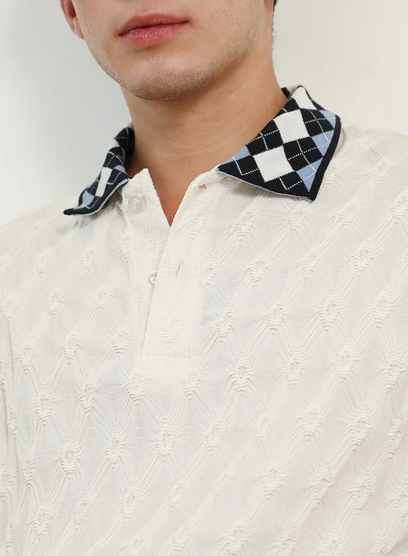 Campus Sutra Campus Sutra Men's Chalk White:Onyx Black Block Argyle-Knit Polo T-Shirt | Textured Knit Design with Argyle Collar | Regular Fit & Breathable Cotton Blend Fabric | Casual & Street Wear Essential