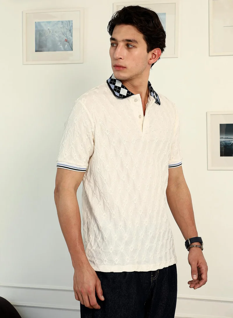 Campus Sutra Campus Sutra Men's Chalk White:Onyx Black Block Argyle-Knit Polo T-Shirt | Textured Knit Design with Argyle Collar | Regular Fit & Breathable Cotton Blend Fabric | Casual & Street Wear Essential