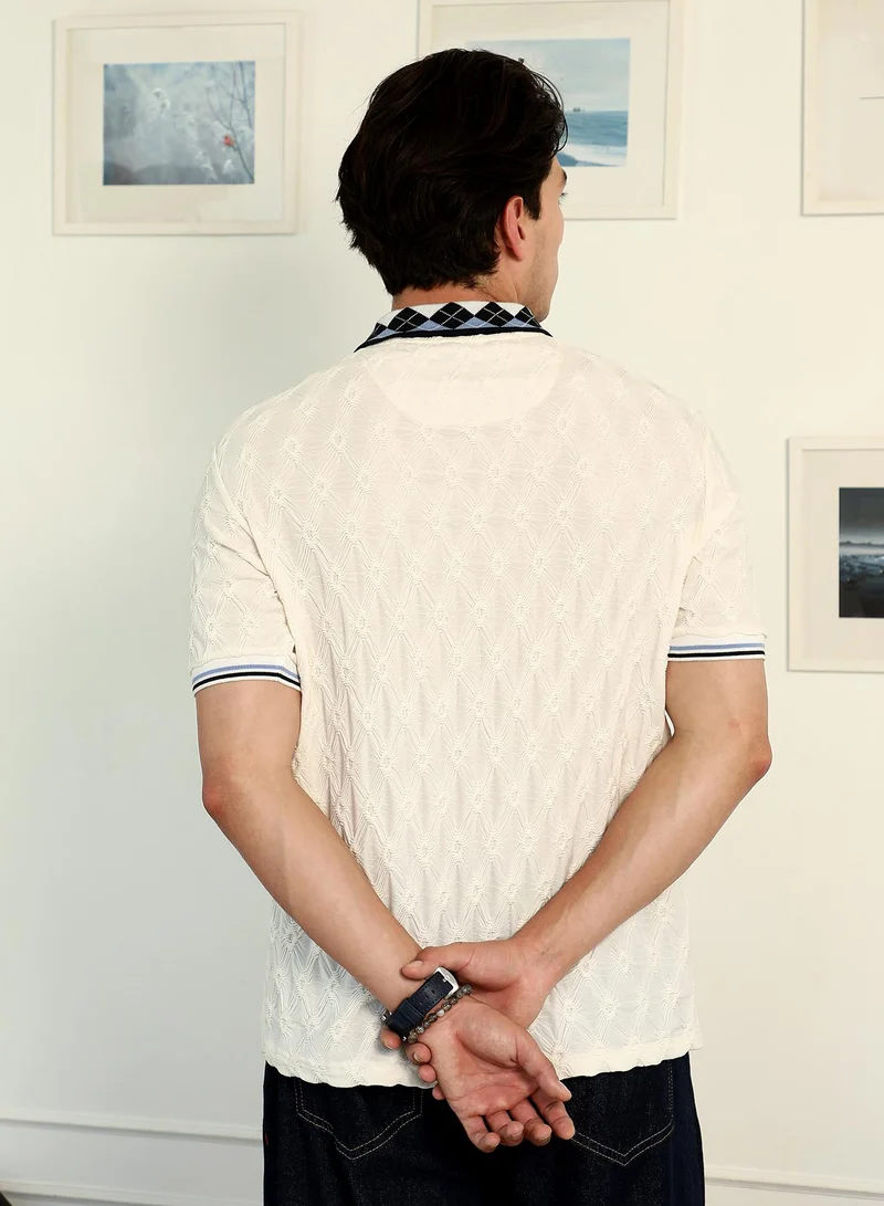 Campus Sutra Campus Sutra Men's Chalk White:Onyx Black Block Argyle-Knit Polo T-Shirt | Textured Knit Design with Argyle Collar | Regular Fit & Breathable Cotton Blend Fabric | Casual & Street Wear Essential