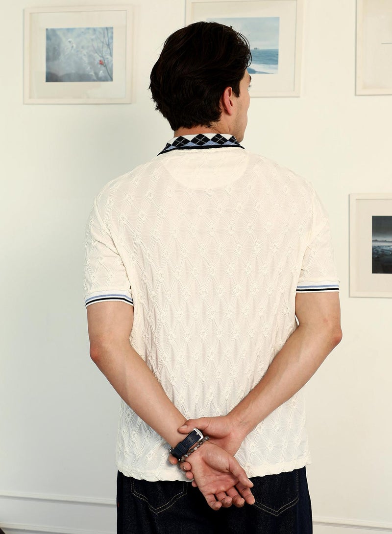 Campus Sutra Campus Sutra Men's Chalk White:Onyx Black Block Argyle-Knit Polo T-Shirt | Textured Knit Design with Argyle Collar | Regular Fit & Breathable Cotton Blend Fabric | Casual & Street Wear Essential - Image 5