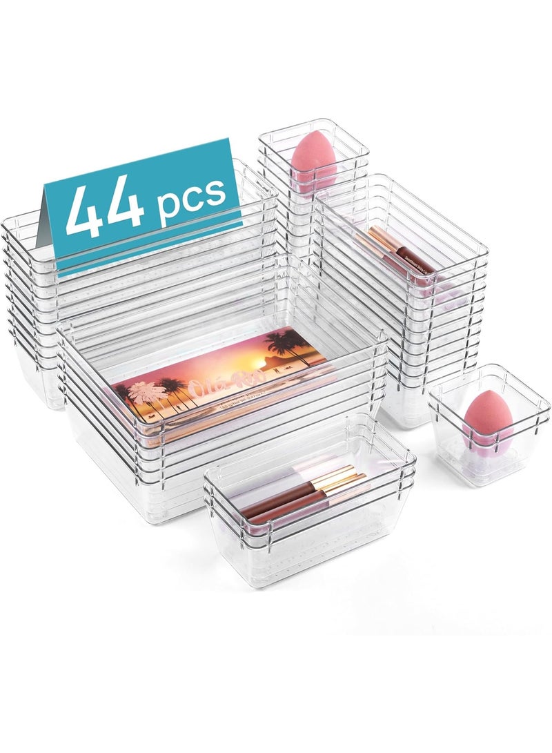 44 PCS Clear Plastic Drawer Organizers Set, 4-Size Versatile Bathroom and Vanity Organizer Trays, Non-Slip Storage Containers for Makeup, Jewelries, Bedroom，Kitchen Utensils and Office - Image 1