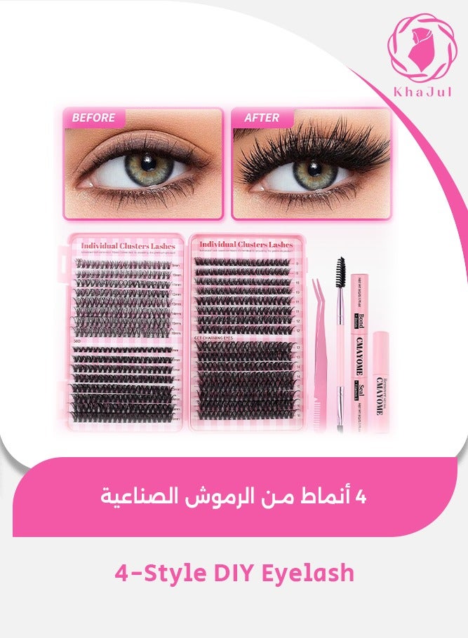 KHAJUL 4-Style DIY Eyelash Extension Kit 640 Clusters, 9-16mm Mixed Individual Lashes Cluster, Natural Curl Personal Eyelash Set, Segmented False Eyelashes, Thick Eyelashes - Image 1