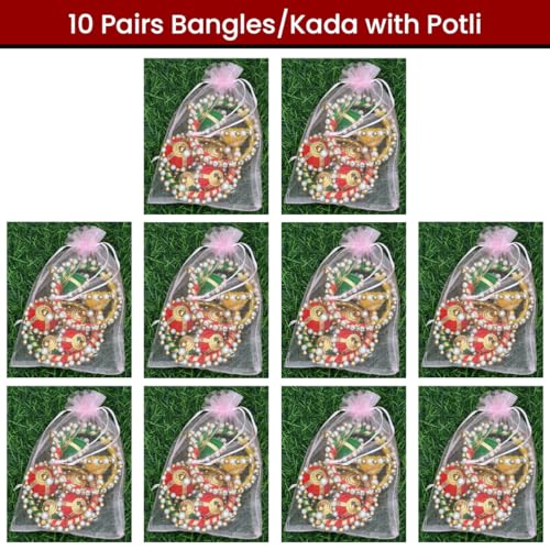 Saugat Traders Return Gifts for Women Gota Patti Bangles with Potli Bags for Pooja Varalakshmi Vratham, Wedding, Haldi Ceremony, Mehndi Function, Bridal Shower Gifting (10 Pairs) - Image 2