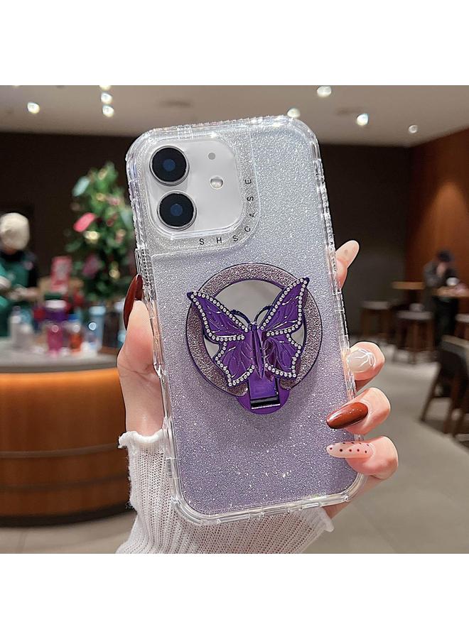 اس-توب جراب لهاتف iPhone 12 مع حامل فراشة ومرآة، جراب هاتف MagSafe لامع - Image 1