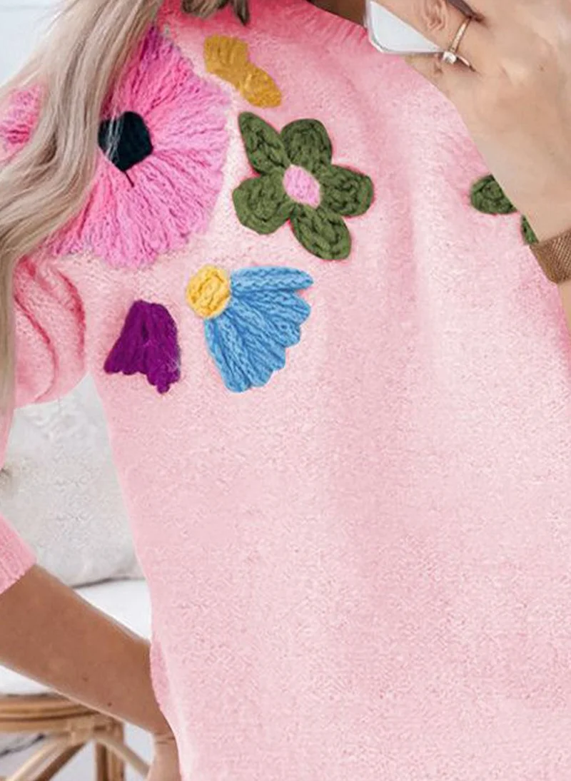 YUNIQEE Pink  Floral Embroidered Pullover Sweater