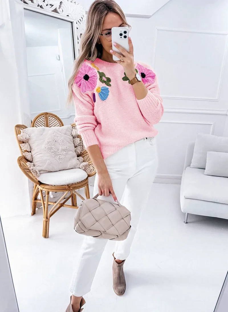 يونيكي Pink  Floral Embroidered Pullover Sweater